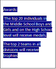 Awards:
 The top 20 individuals in the Middle School Boys and Girls and on the High School level will receive medals.  
The top 2 teams in all divisions will receive trophies

